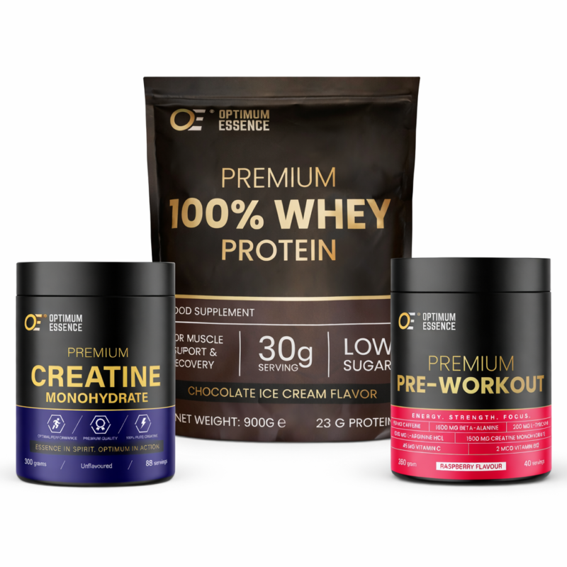 OptimumEssence® Ultimate Gym Stack – Chocolate | Whey, Kreatin & Pre-Workout