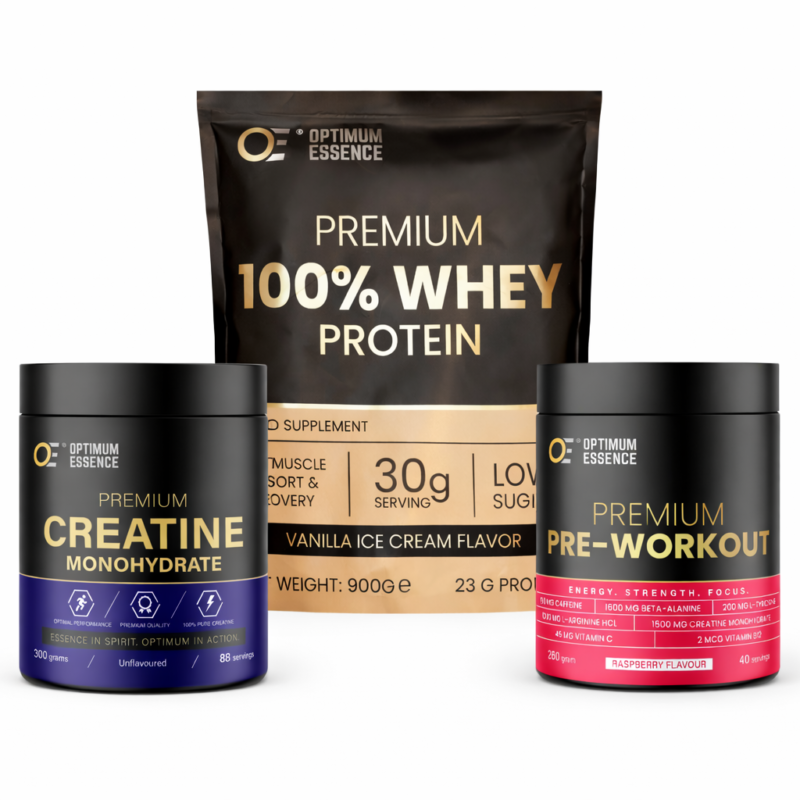 OptimumEssence® Ultimate Gym Stack – Vanilla | Whey, Kreatin & Pre-Workout